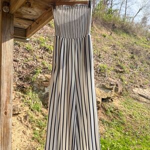 Justify White and Navy Smocked Strapless Striped Jumpsuit Wide Leg Small